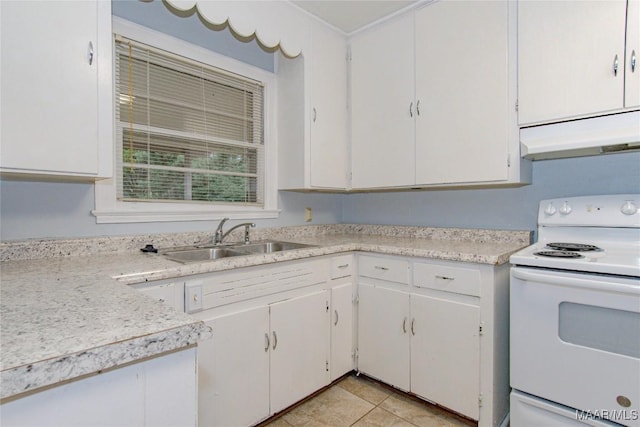 kitchen featuring under cabinet range hood, light countertops, white cabinets, white electric range, and a sink