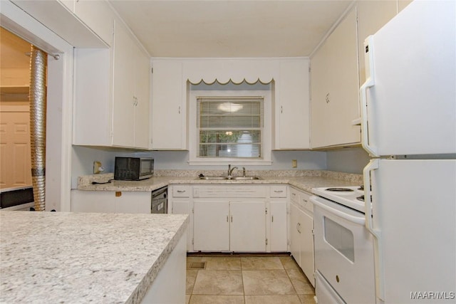 kitchen featuring a sink, white cabinetry, white appliances, light tile patterned flooring, and light countertops