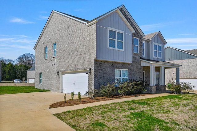 view of front of house featuring brick siding, board and batten siding, concrete driveway, and an attached garage