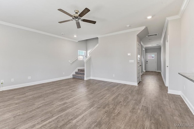 5619 Wyatt Ct, Montgomery, AL 36116 - unfurnished living room featuring baseboards, ceiling fan, stairway, ornamental molding, and wood finished floors