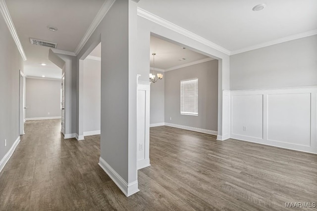 5619 Wyatt Ct, Montgomery, AL 36116 - hallway featuring baseboards, visible vents, dark wood finished floors, crown molding, and a notable chandelier