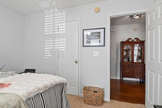 bedroom featuring light colored carpet and a textured ceiling