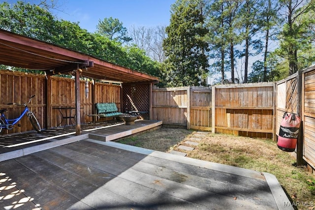 view of patio featuring a deck and a fenced backyard