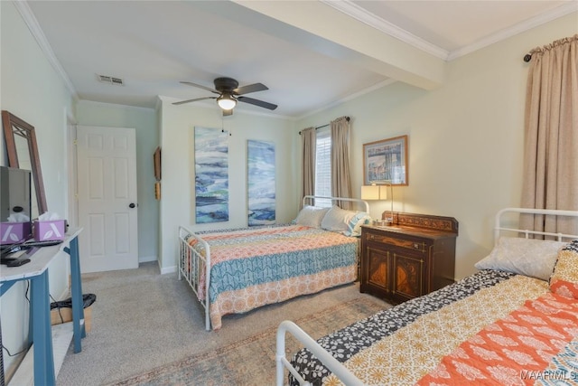 bedroom featuring a ceiling fan, visible vents, carpet floors, and ornamental molding