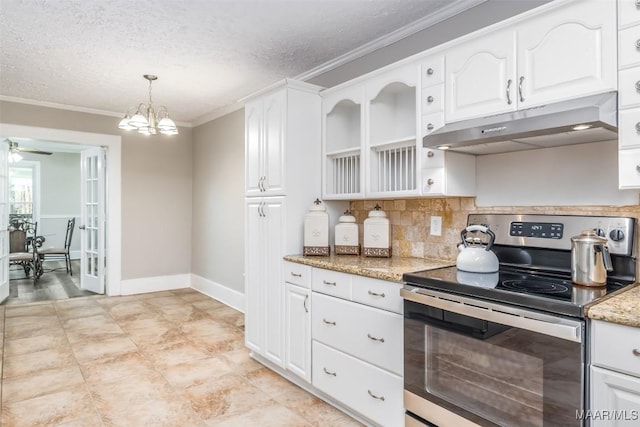 kitchen featuring crown molding, electric range, white cabinets, and under cabinet range hood