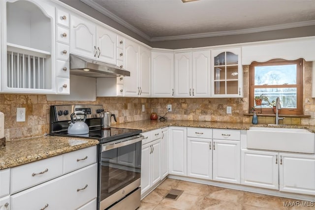 kitchen with glass insert cabinets, crown molding, under cabinet range hood, stainless steel electric range oven, and a sink