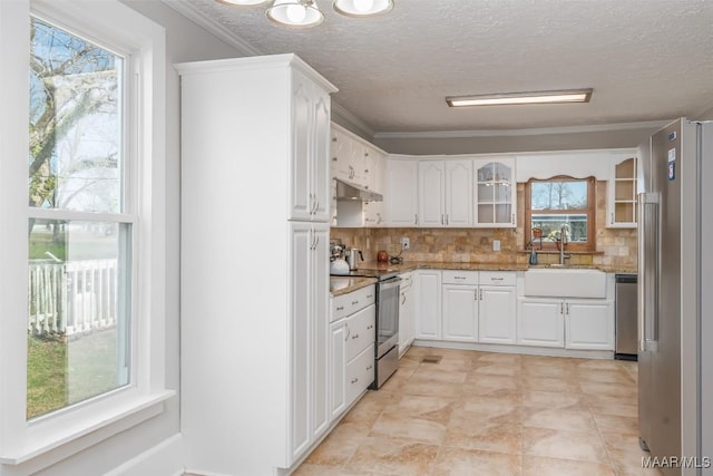 kitchen with a sink, under cabinet range hood, appliances with stainless steel finishes, white cabinets, and light stone countertops