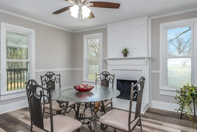 dining space with wood finished floors, baseboards, and ornamental molding