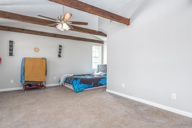 carpeted bedroom featuring lofted ceiling with beams, baseboards, and a ceiling fan