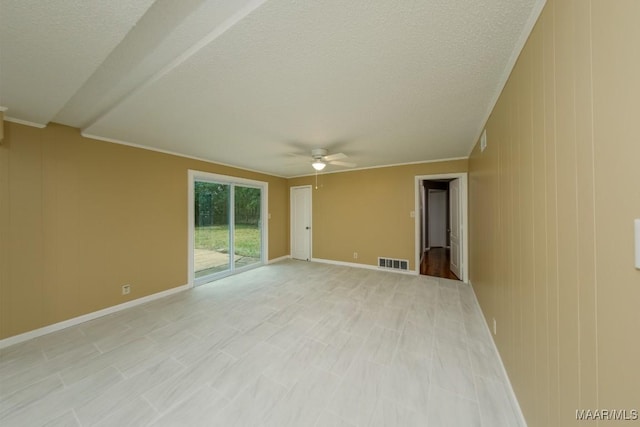 unfurnished room featuring visible vents, crown molding, baseboards, a textured ceiling, and a ceiling fan