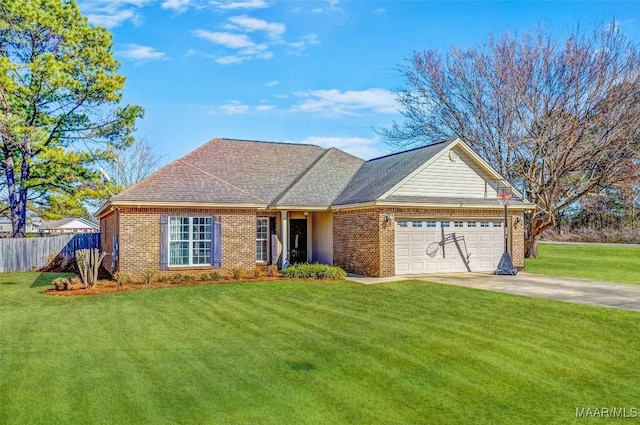 single story home featuring a front lawn, an attached garage, fence, and brick siding