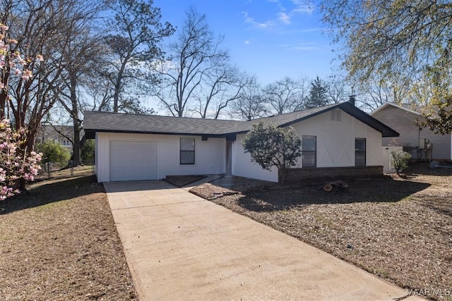 single story home featuring a garage, brick siding, roof with shingles, and concrete driveway