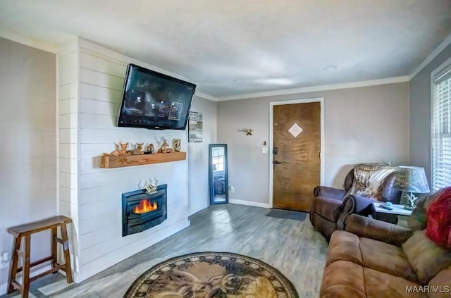 living room featuring crown molding, wood finished floors, baseboards, and a large fireplace