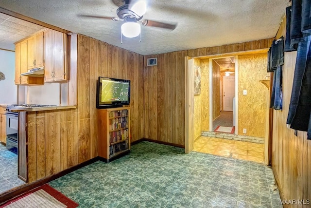 interior space with visible vents, wood walls, a textured ceiling, and dark floors