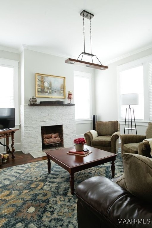 living area with a stone fireplace, wood finished floors, and ornamental molding