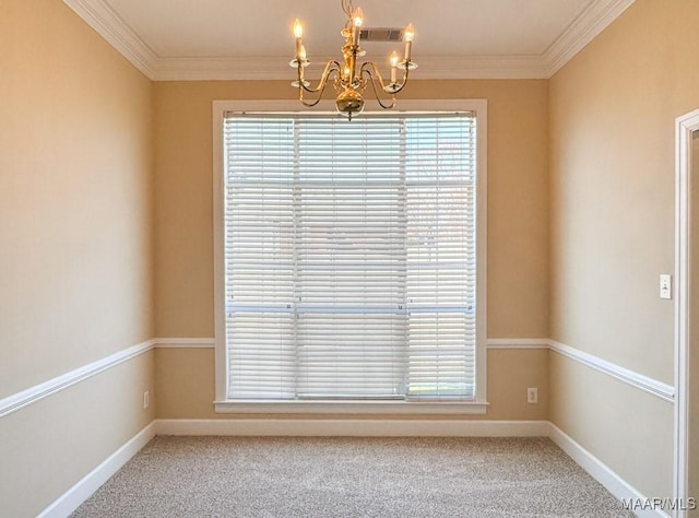 unfurnished room featuring visible vents, plenty of natural light, an inviting chandelier, and carpet flooring