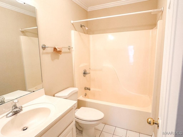 full bath with tile patterned floors, toilet, ornamental molding, shower / bathing tub combination, and vanity