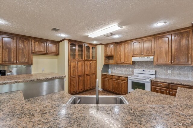 kitchen featuring white electric range, visible vents, under cabinet range hood, and a sink