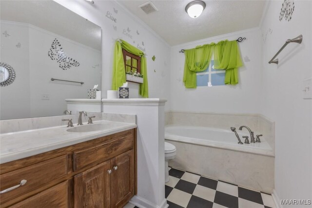 full bath featuring tile patterned floors, visible vents, a garden tub, toilet, and crown molding