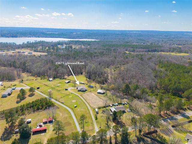 bird's eye view with a forest view and a water view