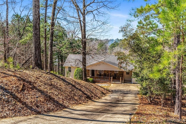 single story home with a porch and concrete driveway