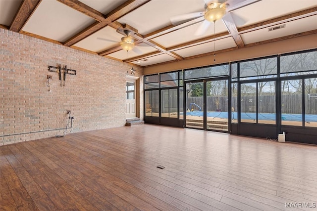 125 Greenfield Pl, Wetumpka, AL 36093 - interior space with visible vents, hardwood / wood-style flooring, coffered ceiling, brick wall, and ceiling fan
