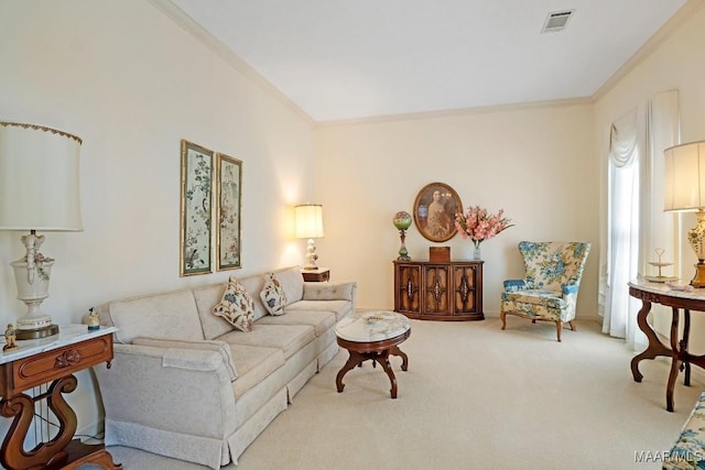 living area with visible vents, carpet floors, and ornamental molding