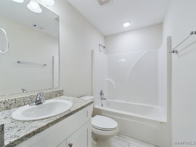 bathroom with bathing tub / shower combination, visible vents, toilet, and vanity