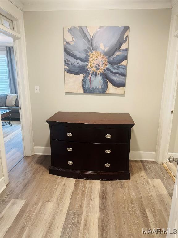 interior details featuring ornamental molding, baseboards, and wood finished floors