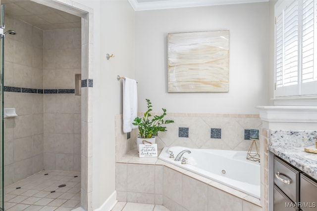 full bath with a tub with jets, a stall shower, vanity, and crown molding