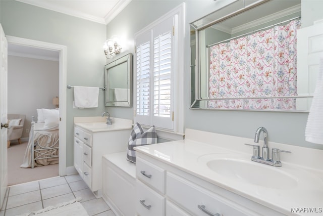 full bath featuring tile patterned flooring, crown molding, and vanity