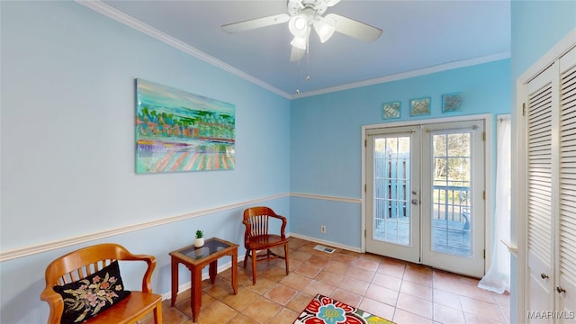 living area featuring visible vents, ornamental molding, french doors, tile patterned floors, and a ceiling fan