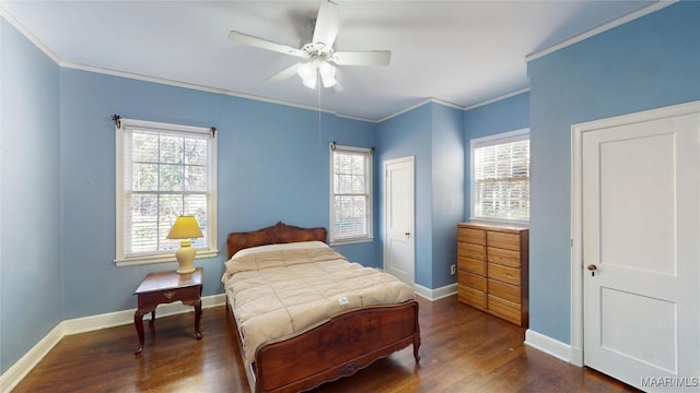 bedroom featuring multiple windows, dark wood finished floors, and ornamental molding