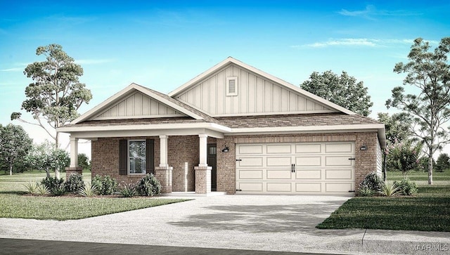 view of front of home with brick siding, board and batten siding, concrete driveway, roof with shingles, and an attached garage