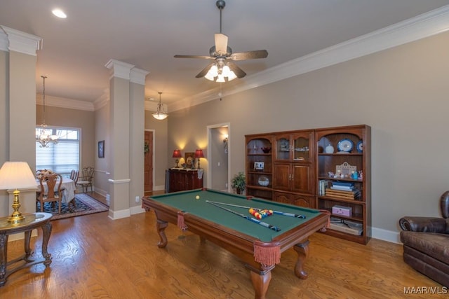 game room featuring pool table, crown molding, light wood-type flooring, and baseboards