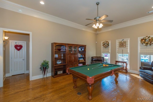 playroom featuring a ceiling fan, wood finished floors, billiards, and ornamental molding