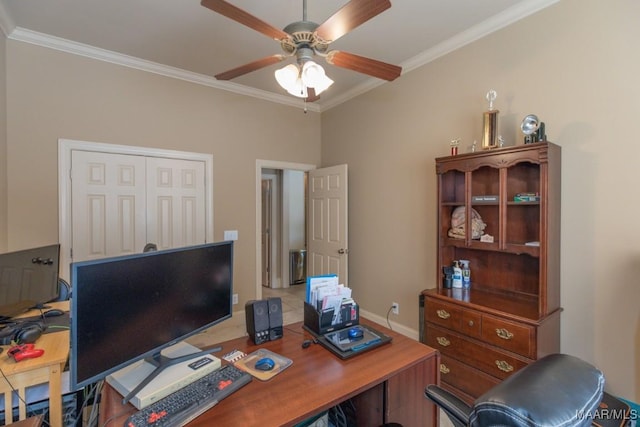 office featuring baseboards, a ceiling fan, and ornamental molding