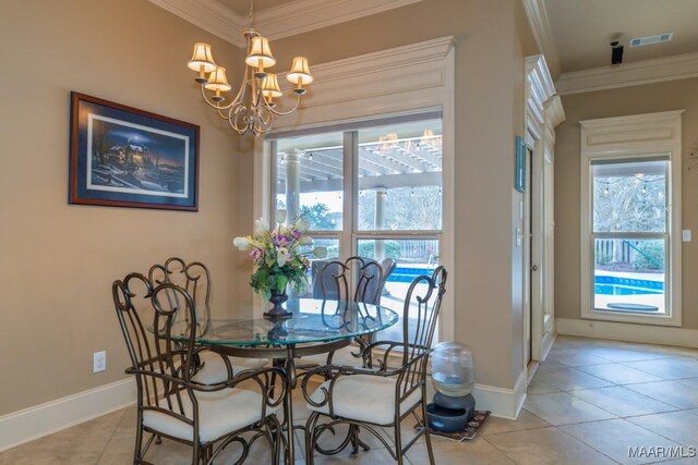 dining room featuring crown molding, light tile patterned flooring, visible vents, and a chandelier