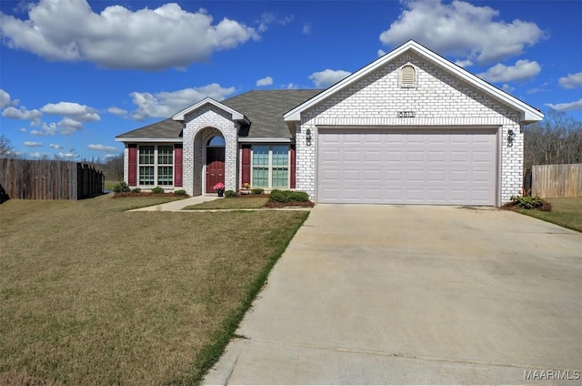 single story home with brick siding, fence, a front yard, a garage, and driveway