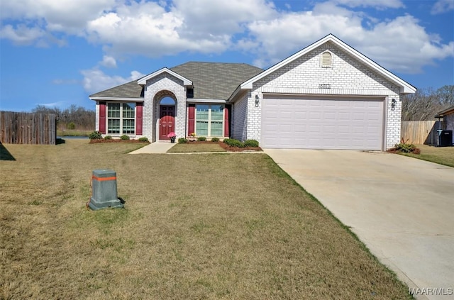 ranch-style home featuring a garage, concrete driveway, a front yard, and fence