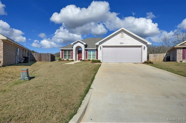 ranch-style house featuring a front yard, fence, driveway, a garage, and brick siding