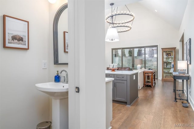 bathroom with high vaulted ceiling and wood finished floors