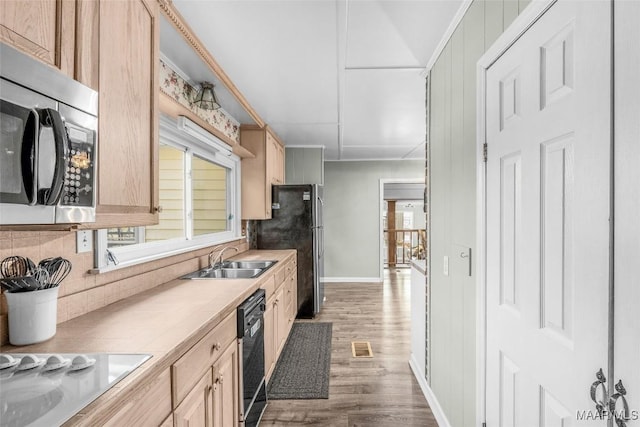 kitchen featuring light brown cabinetry, appliances with stainless steel finishes, and a sink