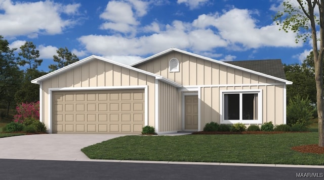 view of front of property featuring a front lawn, concrete driveway, board and batten siding, and an attached garage