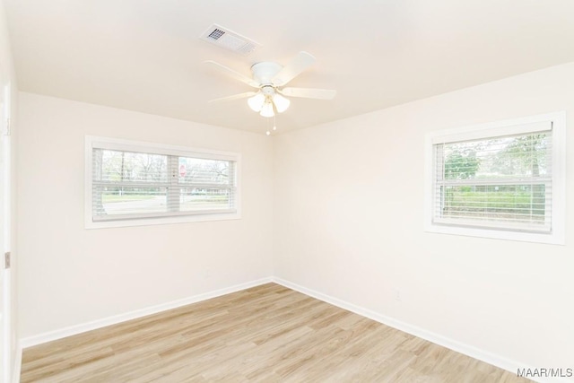 unfurnished room with visible vents, baseboards, a ceiling fan, and light wood finished floors