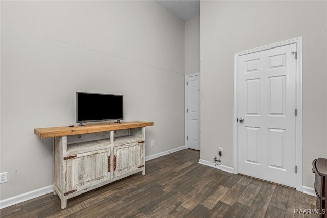 interior space with a high ceiling, baseboards, and wood finished floors