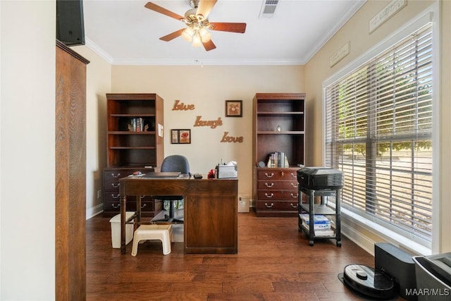 office space featuring baseboards, visible vents, dark wood-style flooring, ceiling fan, and crown molding