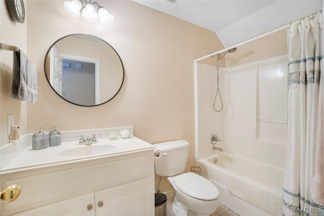 bathroom featuring vanity, shower / tub combo, and toilet