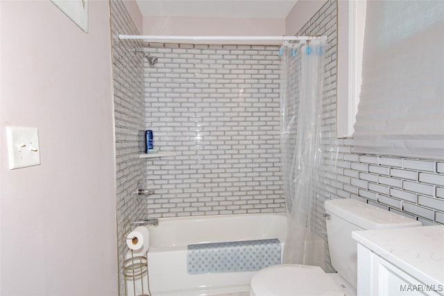 25882 Troy Hwy, Grady, AL 36036 - bathroom featuring vanity, tile walls, toilet, and shower / bath combo