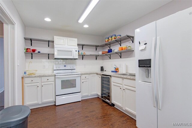 25882 Troy Hwy, Grady, AL 36036 - kitchen with white appliances, open shelves, dark wood-type flooring, wine cooler, and backsplash